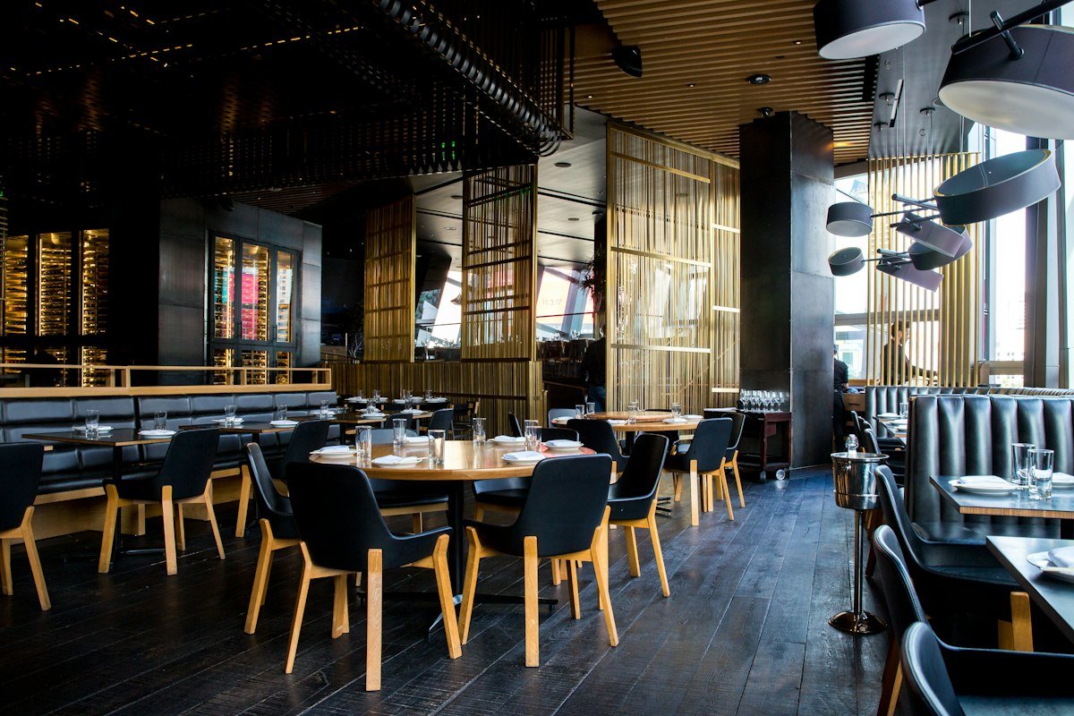 Interior view of a modern dining restaurant with ambient lighting